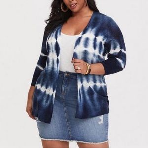 Torrid Shibori Blue Tie-Dye Knit Open Longline Cardigan 3/4 Sleeve -1